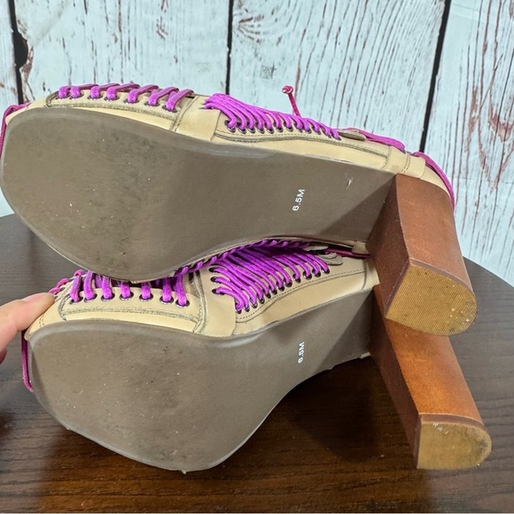 JEFFREY CAMPBELL LITA LACED in Neon Pink & Purple On Tan Leather Ankle Boots 6.5 - Picture 7 of 16